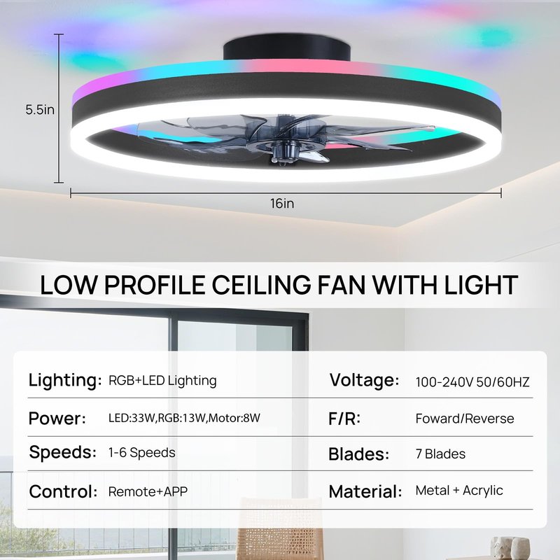 ORITHAM RGB Ceiling Fans with Lights, 16" Fandelier Low Profile Ceiling Fan with Light, Modern Flush Mount Ceiling Fan Light with Remote/APP Control, Bedroom Chandelier Fan Fixture for Indoor(Black)