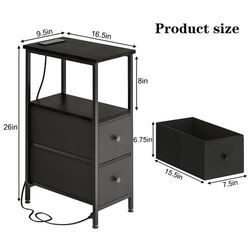 Fixwal Narrow Side Table with Charging Station and LED Light, Skinny Nightstand with 2 Fabric Drawers, Slim End Table for Bedroom, Dorm, Small Space, Black