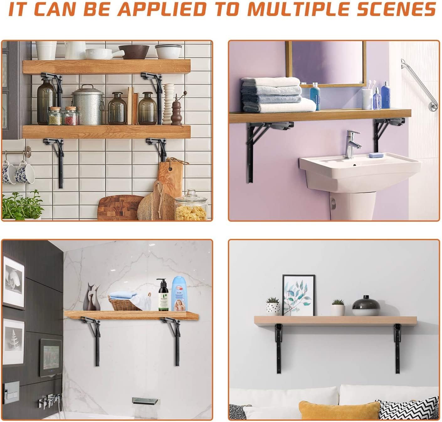 Ultrawall Heavy-Duty 24-Inch Black Folding Shelf Brackets - Adjustable Steel, Max Load 550lb