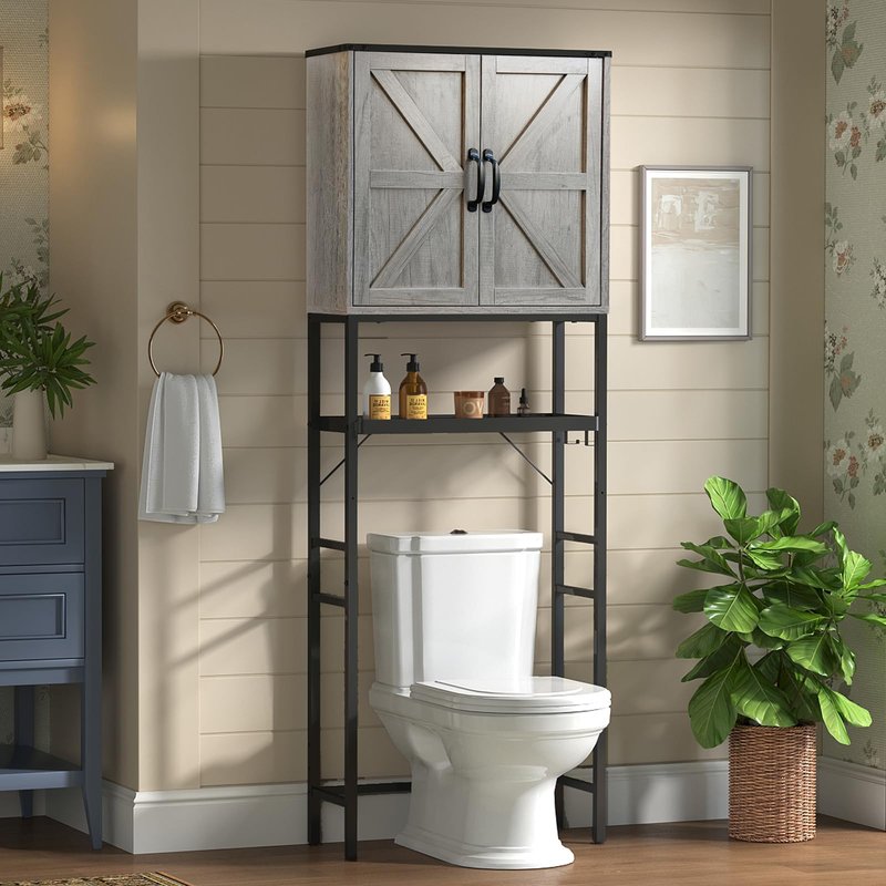 Timboniture Over The Toilet Storage Cabinet, Bathroom Above Toilet Cabinet Organizer with Doors and Adjustable Shelves, Bathroom Shelf Organizer with Anti-Tip Device & Drain Rack, White (Brown)