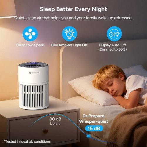 Dr. Prepare Air Purifier - H13 HEPA Filter, 15 dB Sleep Mode, 360° Air Inlet | Covers Up to 1075 ft²