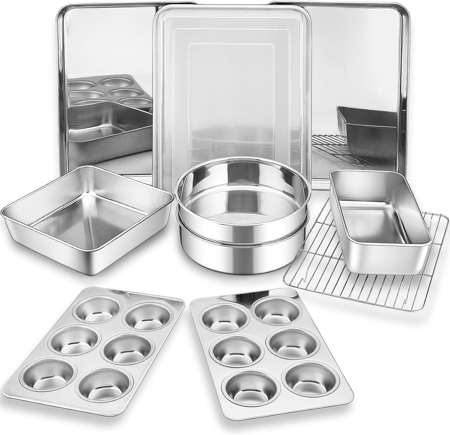 P&P CHEF Stainless Steel Bakeware Set - 11-Piece Baking Pans with Rack, Lasagna Pan, Muffin & Loaf Pans