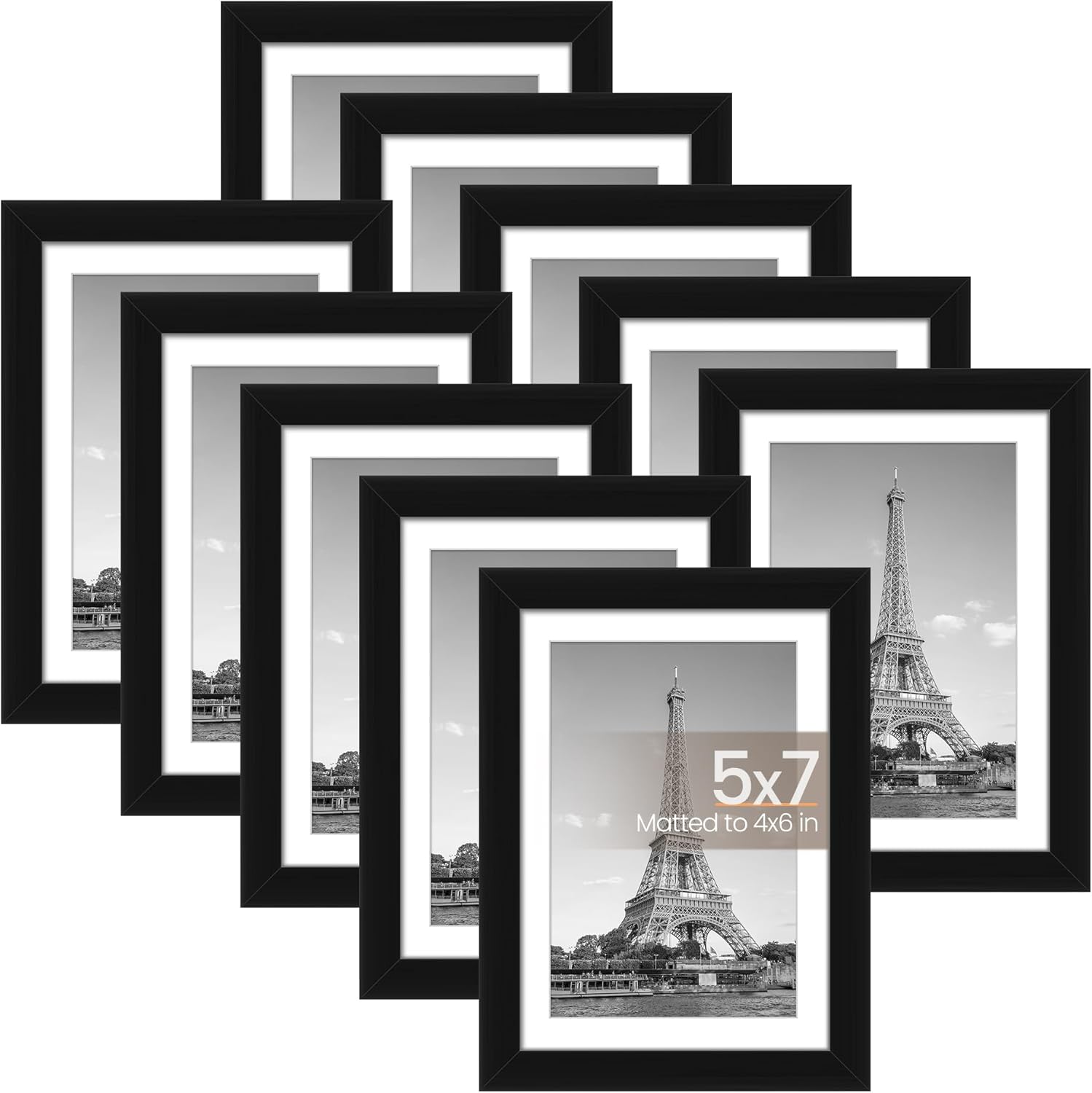 Upsimples 5x7 Picture Frame Set of 10 - Versatile Multi-Photo Collage Frames for Wall or Tabletop, Black