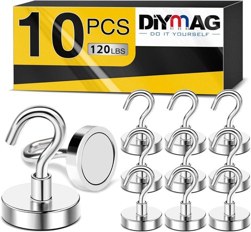 DIYMAG Magnetic Garage Hooks - Heavy-Duty 120lbs Capacity | 16-Pack Silver Wall Mount Magnets