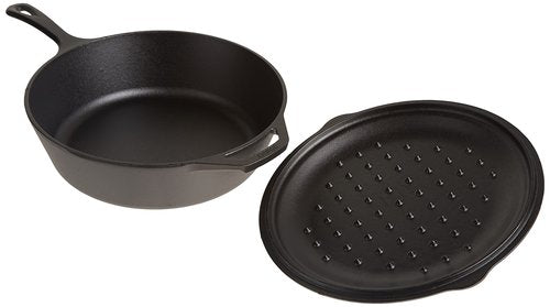 Lodge L10CF3 Cast Iron Covered Deep Skillet, Pre-Seasoned, 5-Quart & SCRAPERPK Durable Pan Scrapers, Red and Black, 2-Pack