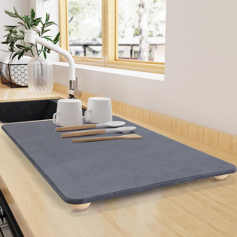 Stone Dish Drying Mat for Kitchen Counter, 16"×12" Quick Dry Super Absorbent Eco-Friendly Diatomaceous Earth Stone Mat with hemisphere wooden feet, Non-slip, Heat Resistant, Multi-purpose mats.