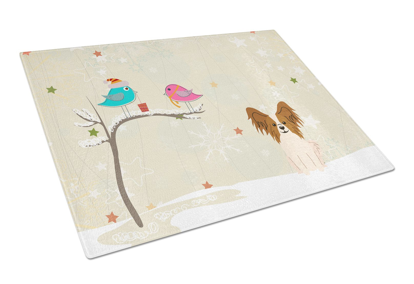 Caroline's Treasures BB2550LCB Christmas Presents between Friends Papillon Glass Cutting Board Large Decorative Tempered Glass Kitchen Cutting and Serving Board Large Size Chopping Board