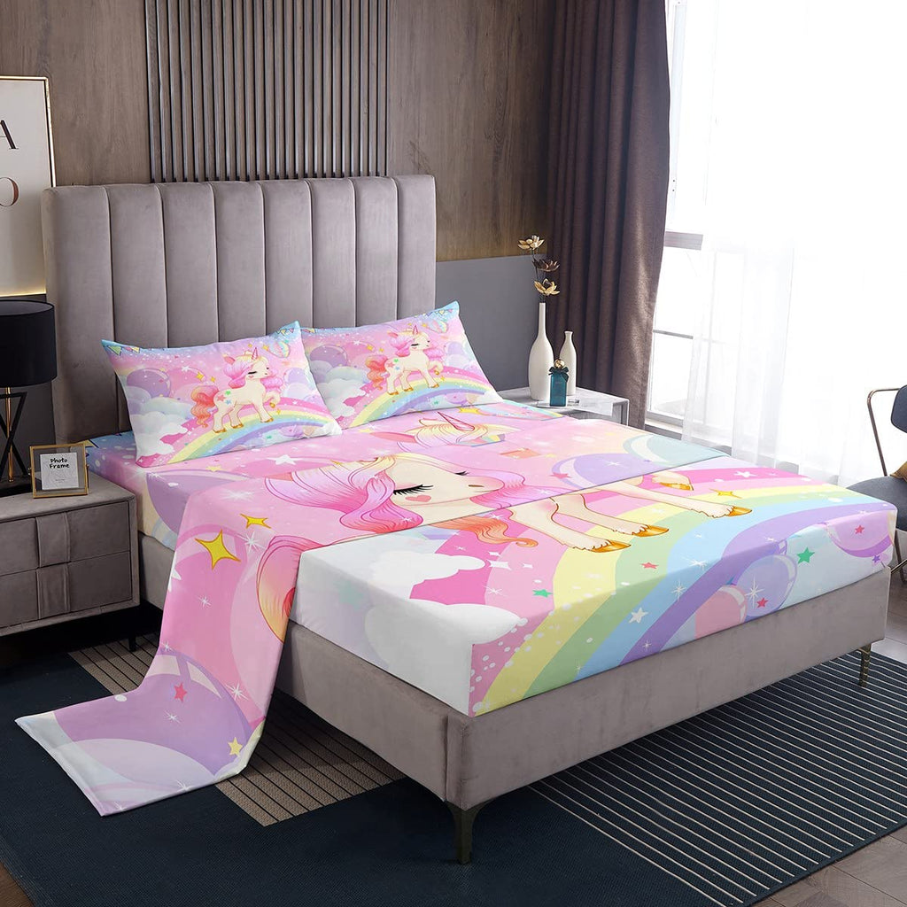 Feelyou Kawaii Cute Rainbow Unicorn Bed Sheets for Kids Boys Girls Queen Size 1 Sheet + 2 Pillowcases