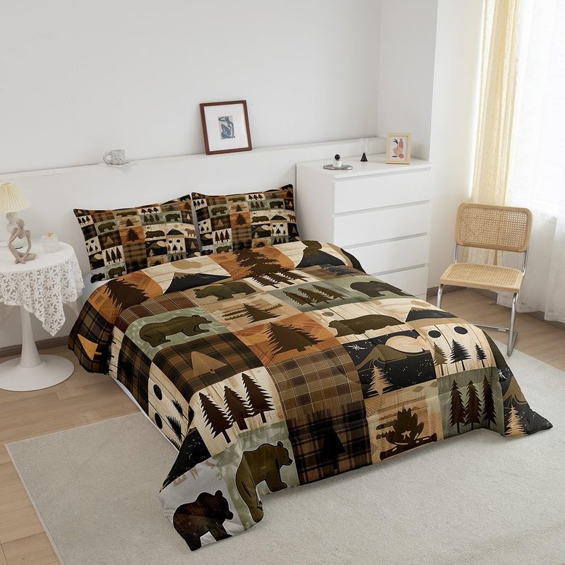 Feelyou Kids Bear Comforter Twin Size, Camper Comforter Set Boys Girls Rustic Cabin Country Bedding Set Western Farmhouse Teens Duvet Set Bedroom Decor 2Pcs