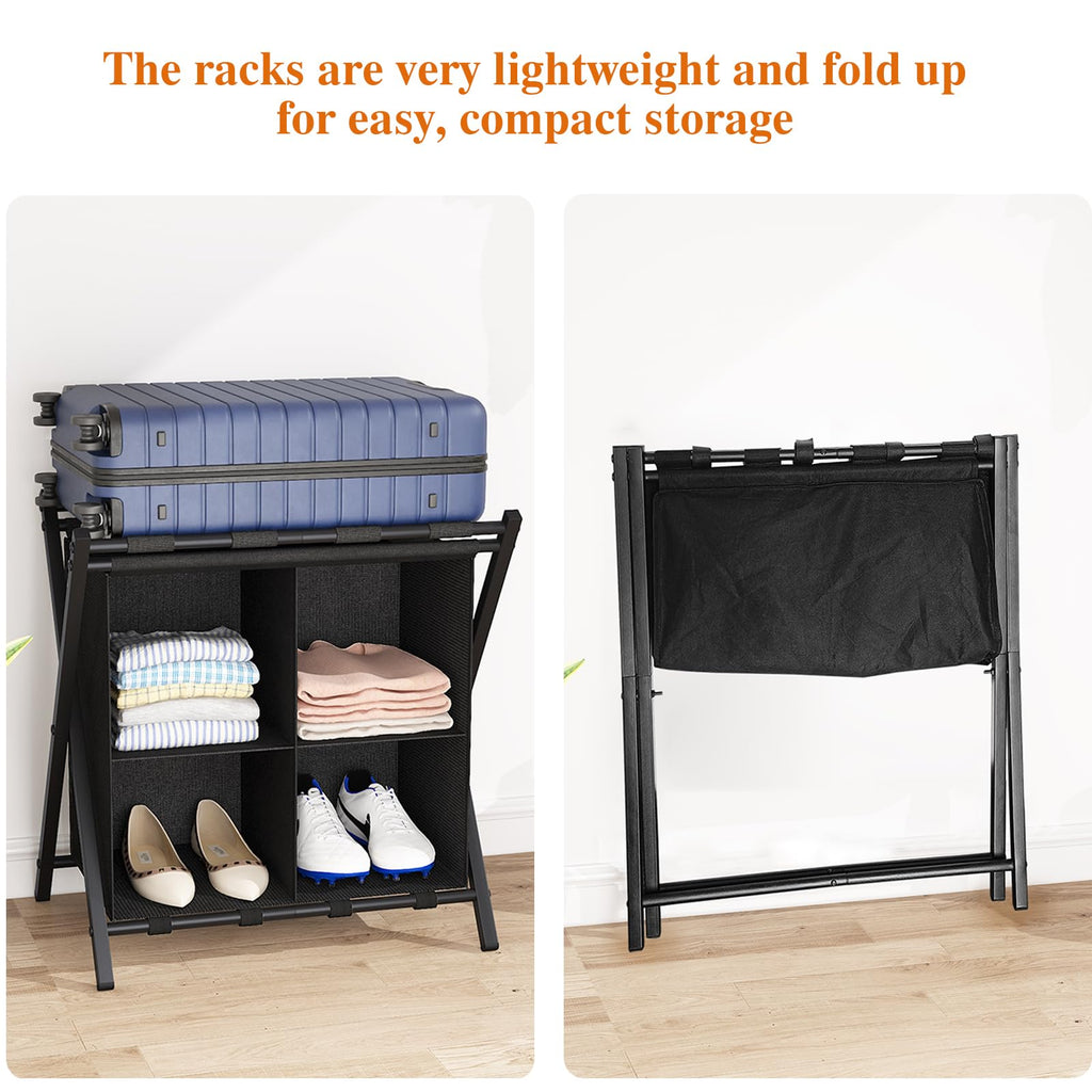 aboxoo 2 Pack Luggage Rack with storage, Guest Room Folding Suitcase Stands, Holds up to 120 lb, Space Saving Suitcase Holders for guest room, Bedroom Hotel, Black