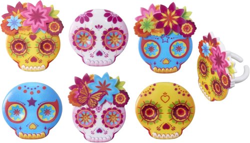 DecoPac Calavera Mask Cupcake Toppers - 24 Día de los Muertos Skull Rings for Parties & Celebrations
