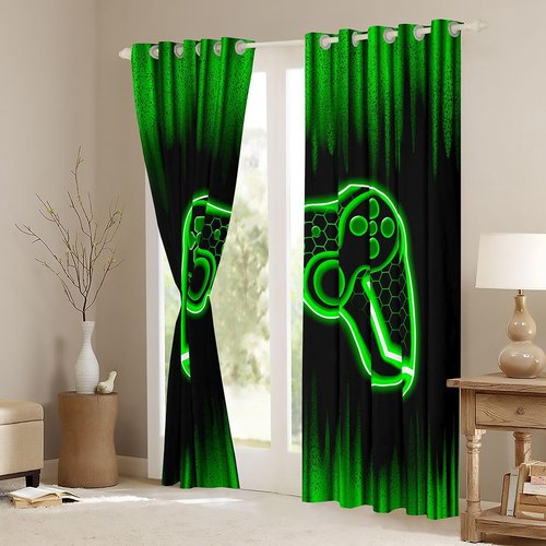 Feelyou Gamer Curtains for Bedroom Living Room (2 Panels, 38 x 45 Inch) Kids Game Controller Blackout Curtains Boys Teens Green Black Darkening Drapes Gaming Window Treatments