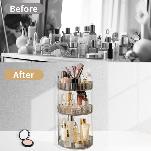 Asayuee 360 Rotating Makeup Organizer - Large 3-Tier Storage for Skincare & Cosmetics | Grey