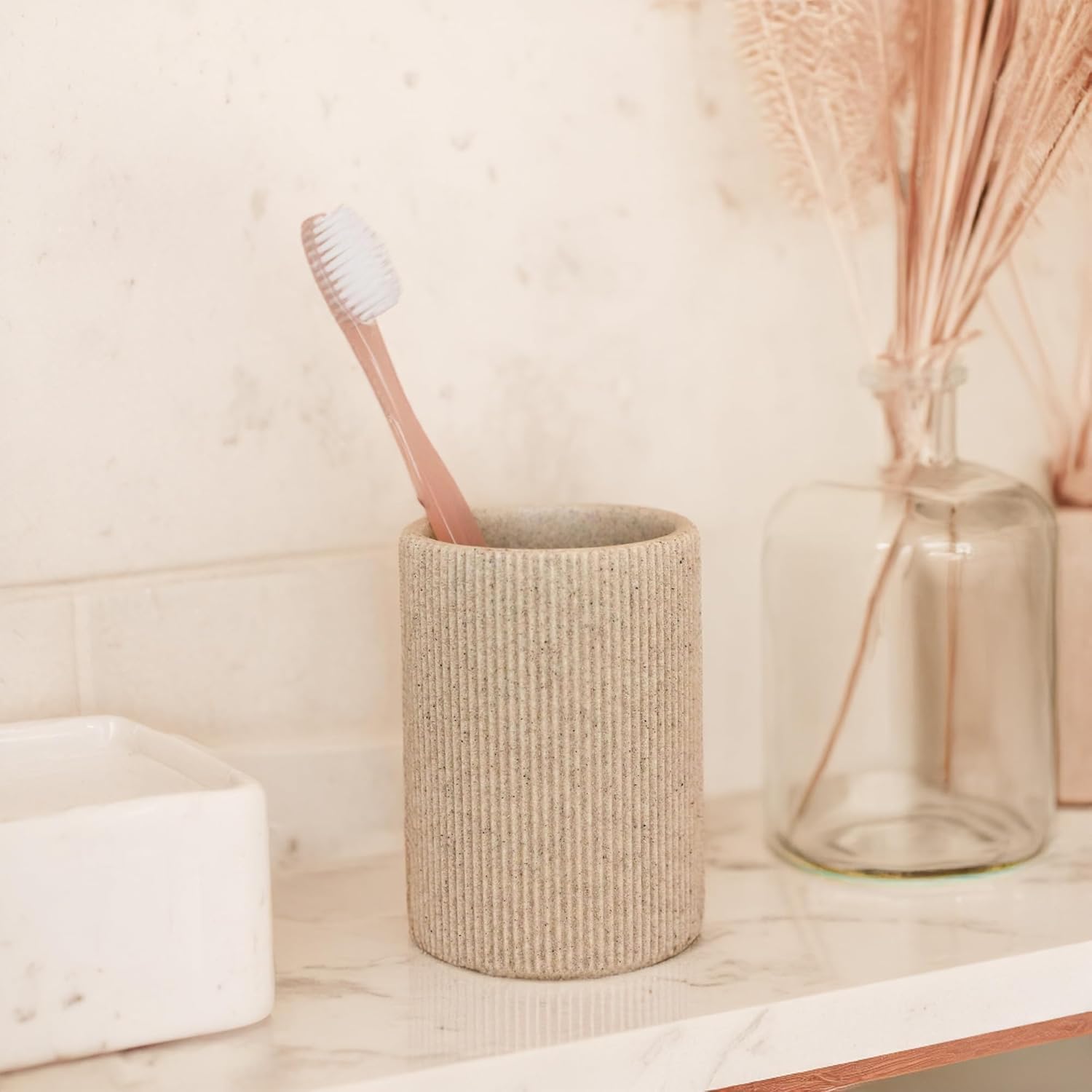 Skiennix Toothbrush Holder - Modern Boho Farmhouse Style, Sand Beige, Rust-Proof Resin Organizer
