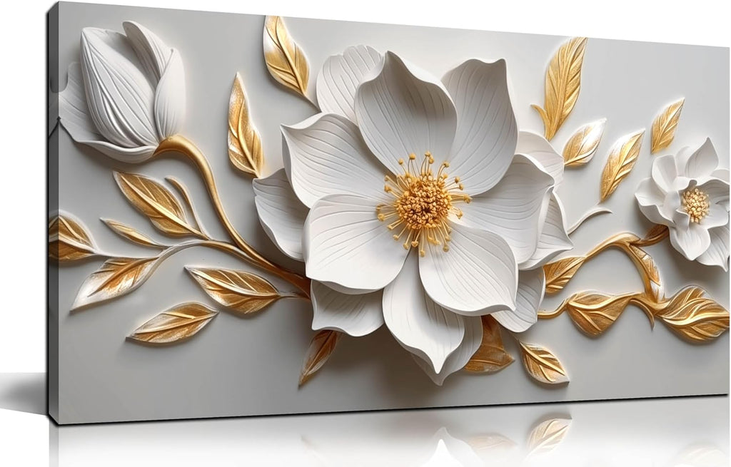Skiennix Canvas Wall Art - Large White and Gold Floral Artwork for Living Room & Office | 20x40 In
