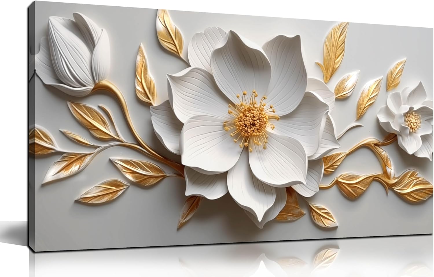 Skiennix Canvas Wall Art - Large White and Gold Floral Artwork for Living Room & Office | 20x40 In
