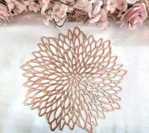 " OCCASIONS " 20 Pieces Pack Pressed Vinyl Metallic Placemats/Wedding Accent Centerpiece Placemat (Leaf, Rose Gold)