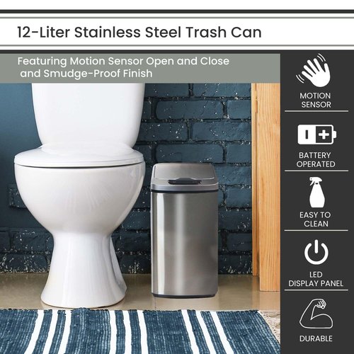 Hanover Home Hands-Free Trash Can with Fingerprint-Resistant Finish, Soft-Close Motion Sensor Lid, and Removable Bin for Bathroom and Bedroom - 3.2 Gallons (12 Liters) in Stainless Steel