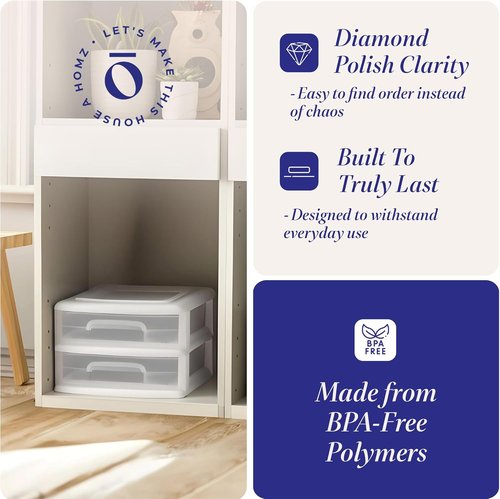 HOMZ 2-Pack Storage Cart - Clear Plastic Drawers, 14.25" Wide, White Frame | Ideal for Home & Office Organization