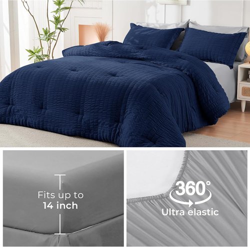 HYMOKEGE Comforter Set - Navy Blue & Light Grey Seersucker | 7-Piece All-Season Luxury Bedding Set