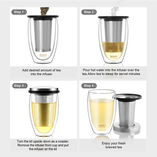 SADOMAIN Glass Tea Cup with Infuser and Lid, Tea Infuser Mug in 12 OZ/350ML, Heat-Proof Double Wall Glass Tea Cup, 100% Plastic-Free Tea Mug with Lid and Strainer, Keeps Drinks Hot/Cold Longer Time