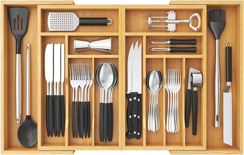 Lifewit Bamboo Silverware Drawer Organizer - Expandable 21.4 to 36 Inches | 13 Compartments for Utensils