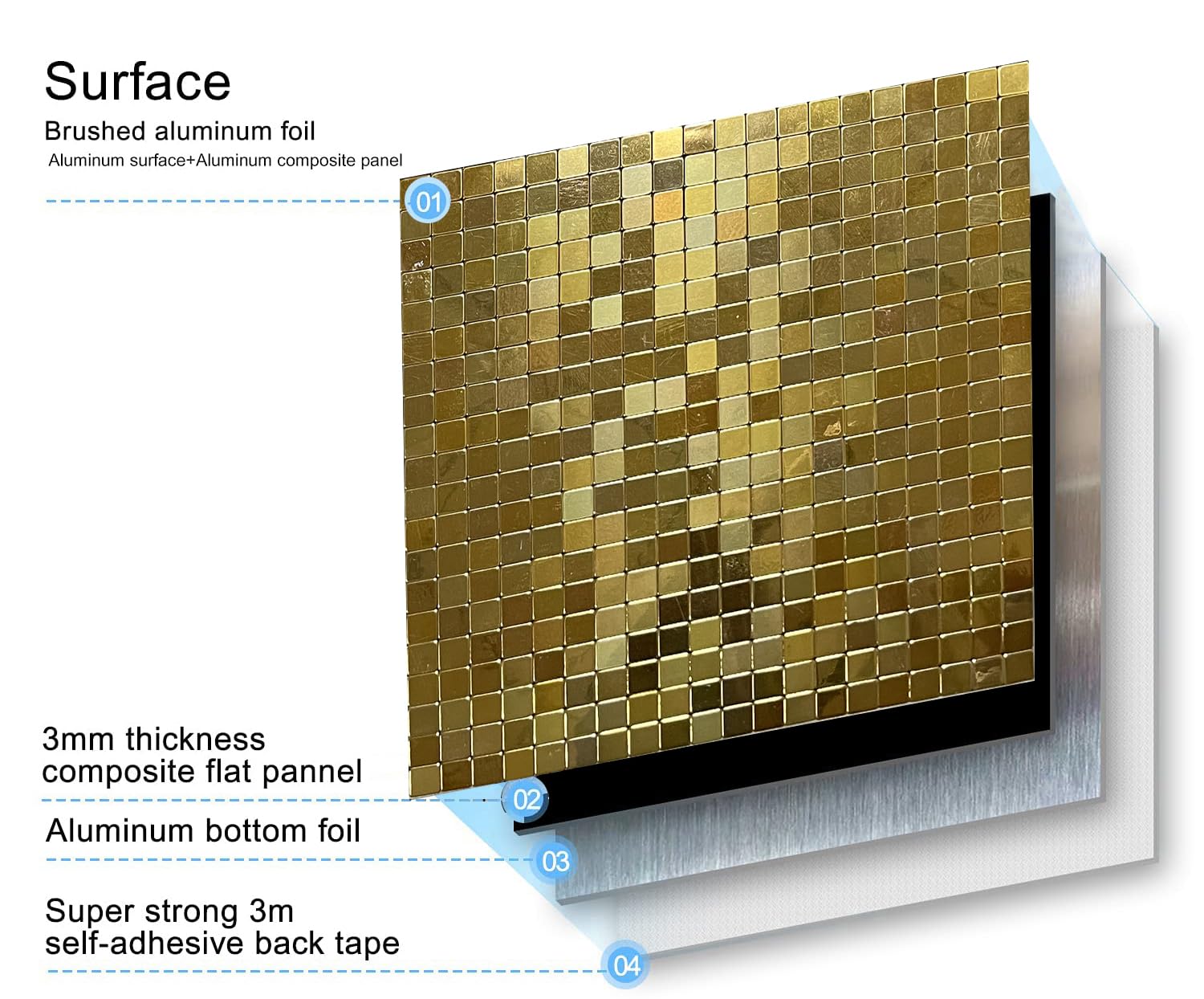 XUANINY Self-Adhesive Metal Backsplash, Peel and Stick Tile for Kitchen Brushed Aluminium Surface backsplash (11.73"x11.73",10) (10 Golden Mirror)