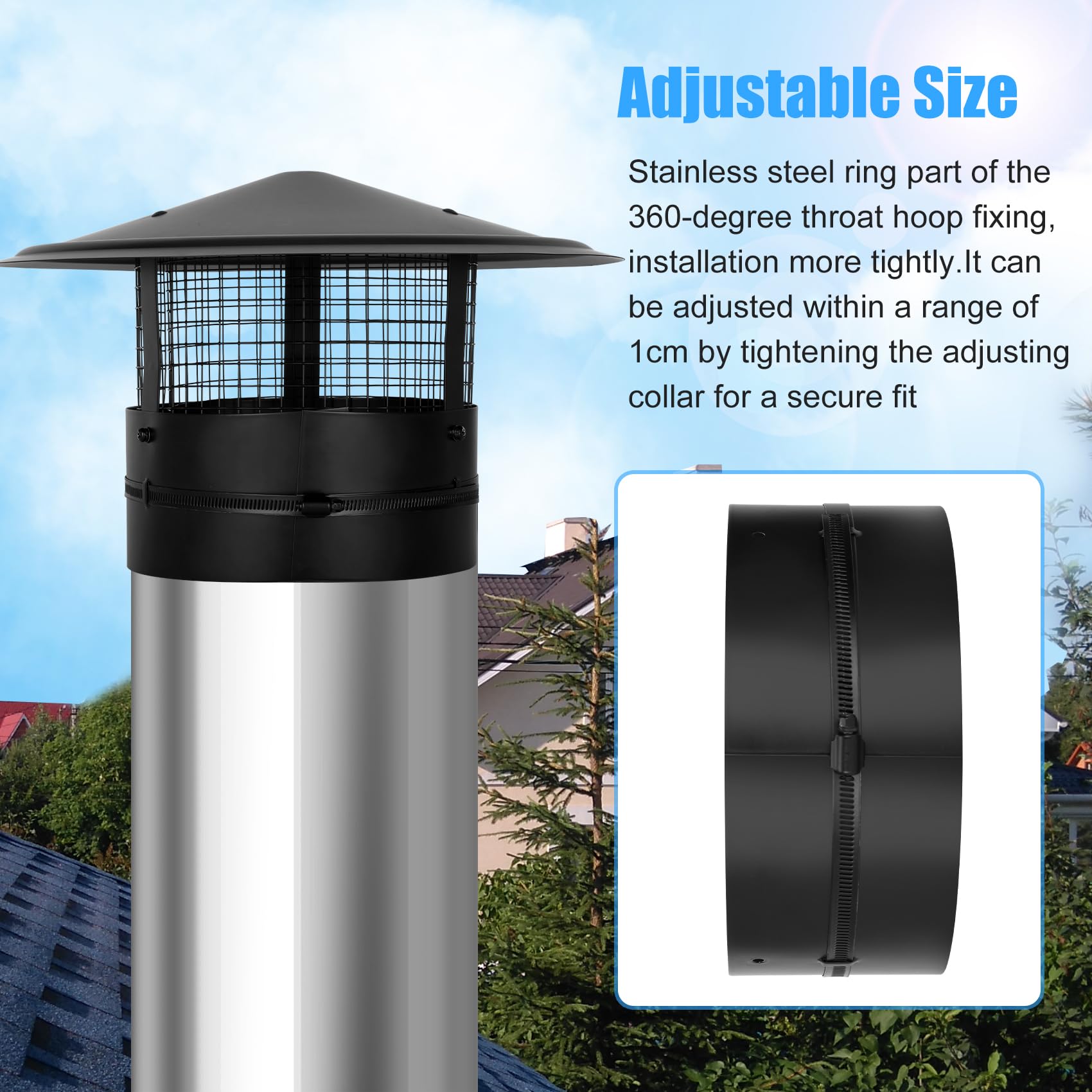 10Inch Chimney Cap,6/7/8/10 Inch Adjustable Stainless Steel Chimney Cap,304 Steel Round Rain Cover with Mesh Screen,Universal Cone Top Roof Cap for Wood/Oil Stove Vent,Weatherproof & Easy Installation