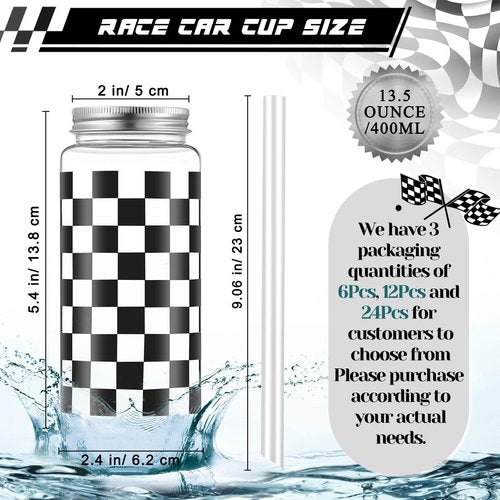 Patelai 12 Pack Race Car Cups 13.5 oz Plastic Tumbler with Lid and Straw Checkered Flag Party Supplies Clear Black Plaid Cups for Race Car Birthday Sports Themed Party Supplies