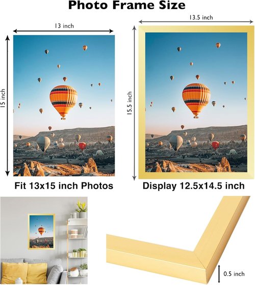 JCJMY 13x15 Gold Picture Frame - Wall Mounting Horizontally or Vertically | Shatter-Resistant Plexiglass