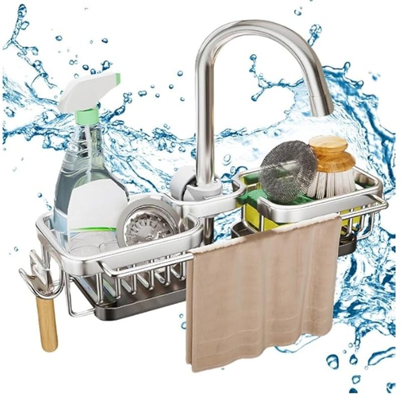 DURAUSE Kitchen Sink Faucet Organizer Multifunction Sponge Holder Organizer Sink Drain Holder Over Faucet Kitchen Sink Caddy with Hook Adjustable for 0.7-1.1inch Round Water Pipe (Silver, B)