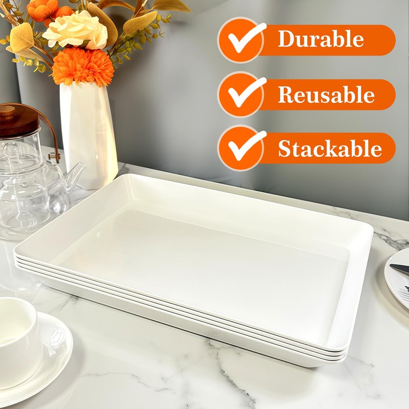 AMGBZT Serving Tray Platter, 6 Pcs Food Tray for Veggie Fruit Snack Dessert Cookie Cheese, Food Trays for Party Supplies Display, Plastic Platters for Serving Food, Large White Trays, BPA Free
