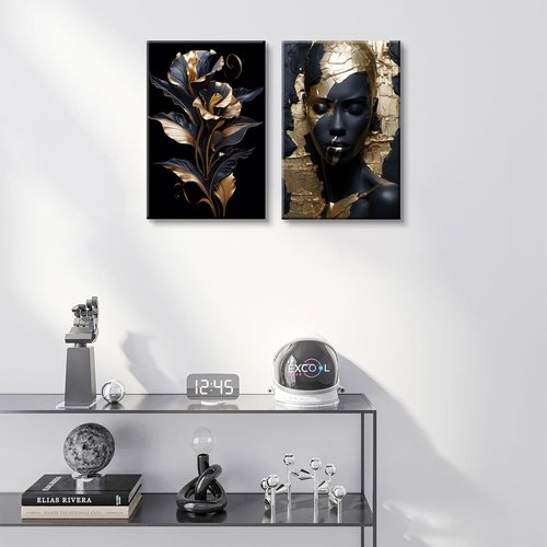 2 Pieces Black Gold African American Women Wall Art African American Wall Decor Gorgeous Woman Portrait Gold Flowers Painting Picture Prints for Bedroom Living Room Hallway Ready to Hang 16x24 Inch