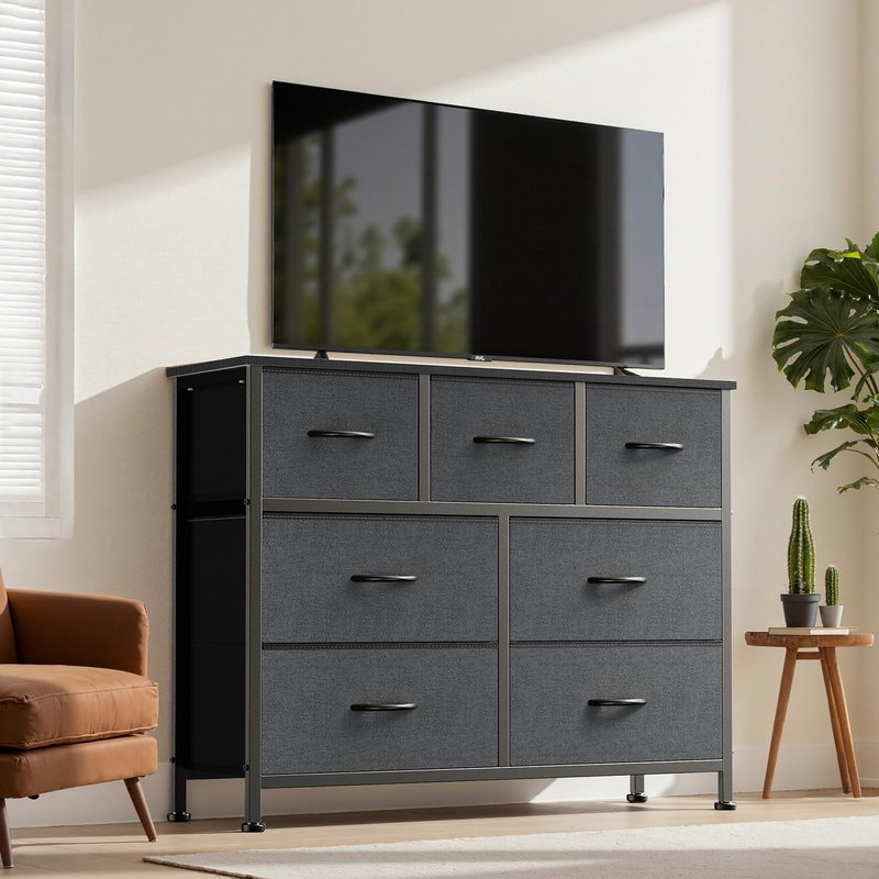 DUMOS TV Stand Dresser with 7 Fabric Drawers, Multifunctional Storage Organizer for Living Room Bedroom Closet, Entertainment Center Cabinet Chest Modern Furniture for Clothing, Grey