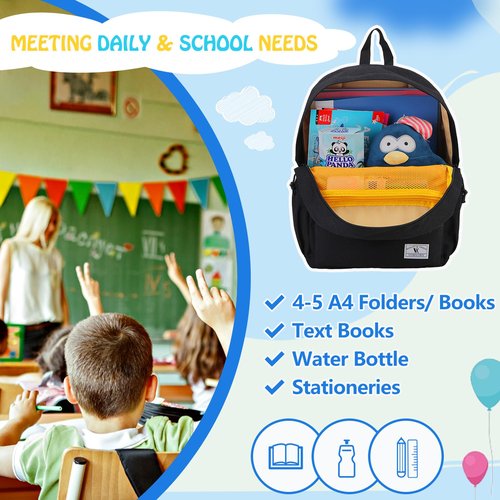 Kids Backpack, Lightweight Toddler Backpack for Age 3-7 Boys,Small Preschool Girls Kindergarten Bookbag with Front Chest Buckle,Black VONXURY