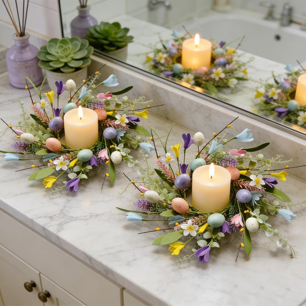 Skiennix Easter Candle Rings - 6 Pcs Mini Pillar Holders with Eggs & Flowers - Spring Yellow Berries Decor