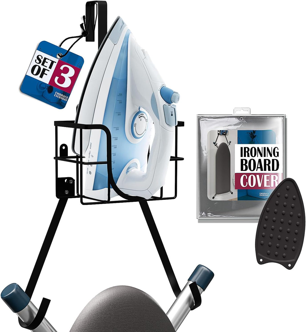 T&V Shaped Ironing Board Holder - Wall Mount & Over The Door Hanger | Heat Reflective Cover & Pad Set
