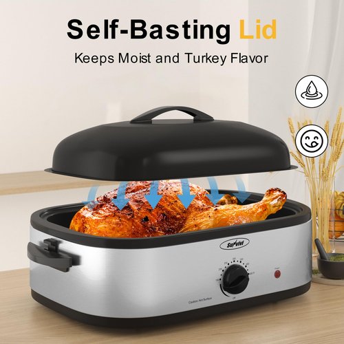 SUNVIVIPRO 14-Quart Electric Roaster Oven with Self-Basting Lid, Turkey Roaster Oven with Rack, Stainless Steel, Silver, 14 QT