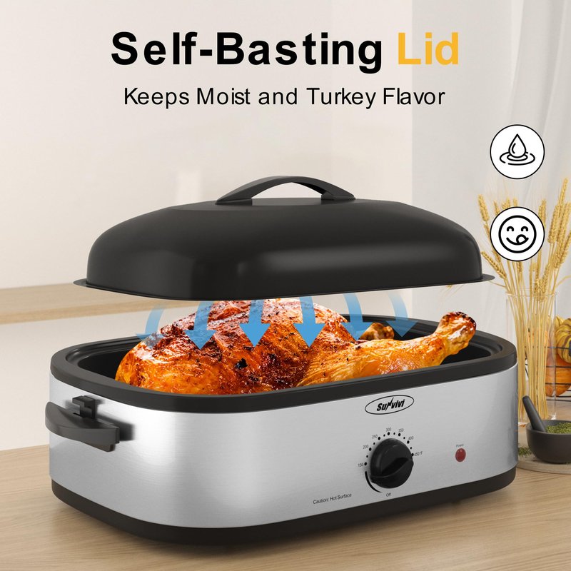 SUNVIVIPRO 14-Quart Electric Roaster Oven with Self-Basting Lid, Turkey Roaster Oven with Removable Pan and Rack, Stainless Steel, Sliver, 14 QT