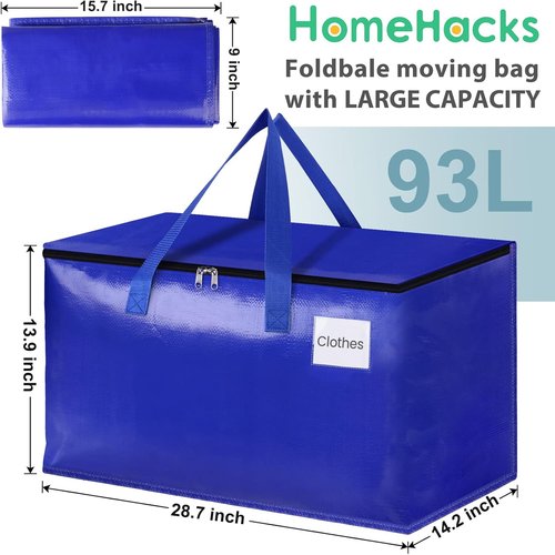 HomeHacks Heavy-Duty Moving Bags - 8-Pack Collapsible Storage Totes with Strong Zippers & Handles | 93L (Blue)
