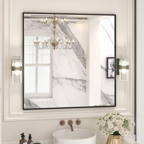 LOAAO Black Rectangle Bathroom Mirror - 36" x 36" Matte Aluminum Frame, Tempered Glass, Versatile Hanging Options