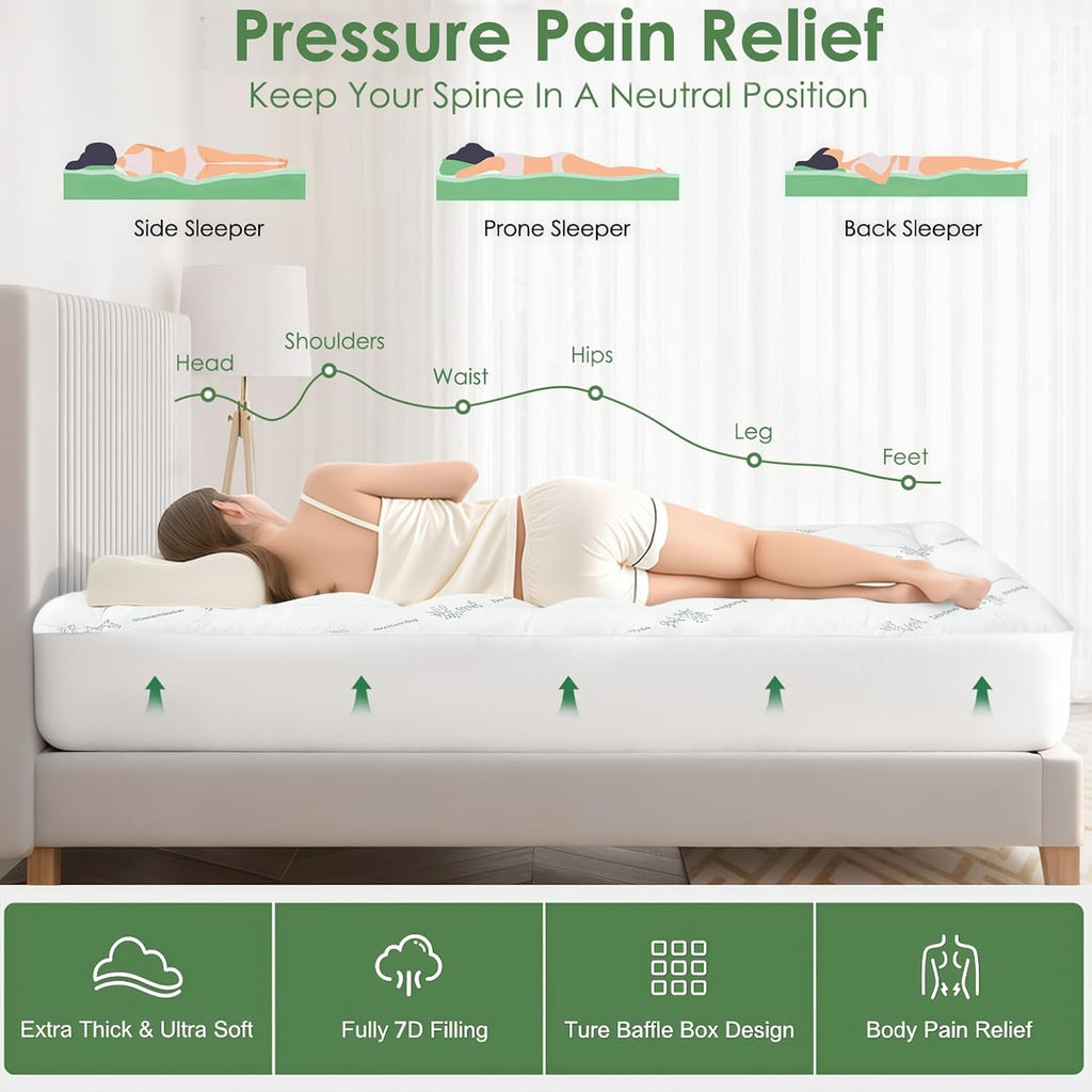 Skiennix Queen Mattress Topper - Cooling Bamboo Viscose Pillow Top Pad | Deep Pocket for 8"-18" Mattresses, Green