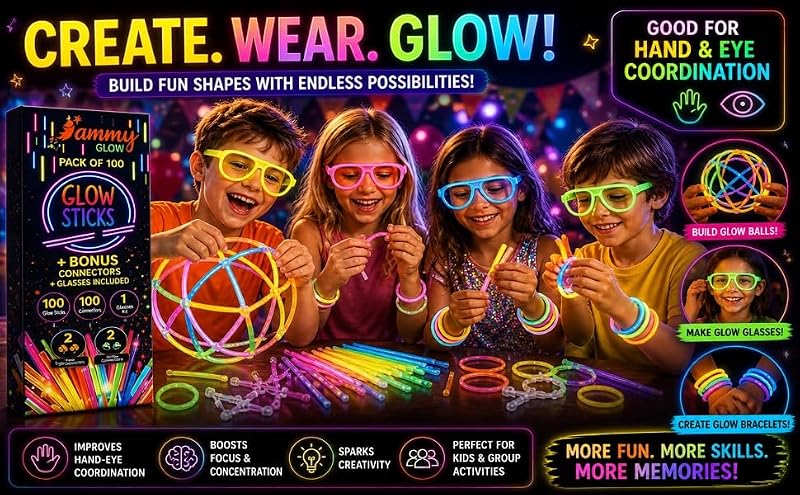 Ammy Glow Sticks Bulk Party Pack 205 Pcs with Connectors and Glasses