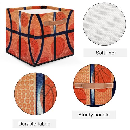OMFUNS Sport Basketball Storage Basket 13x13 Ball Theme Collapsible Cube Storage Bin with Handle Fabric Storage Box Organizing for Closet Shelf Home Office Dorm Nursery Toy Basket