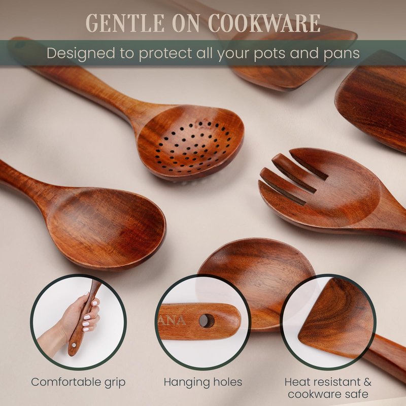 BRIVANA 6-Piece Teak Wood Utensil Set – Durable Natural Teak with Smooth, Sealed Finish – Gentle on Non-Stick Cookware for Everyday Stirring, Mixing, Serving and Cooking