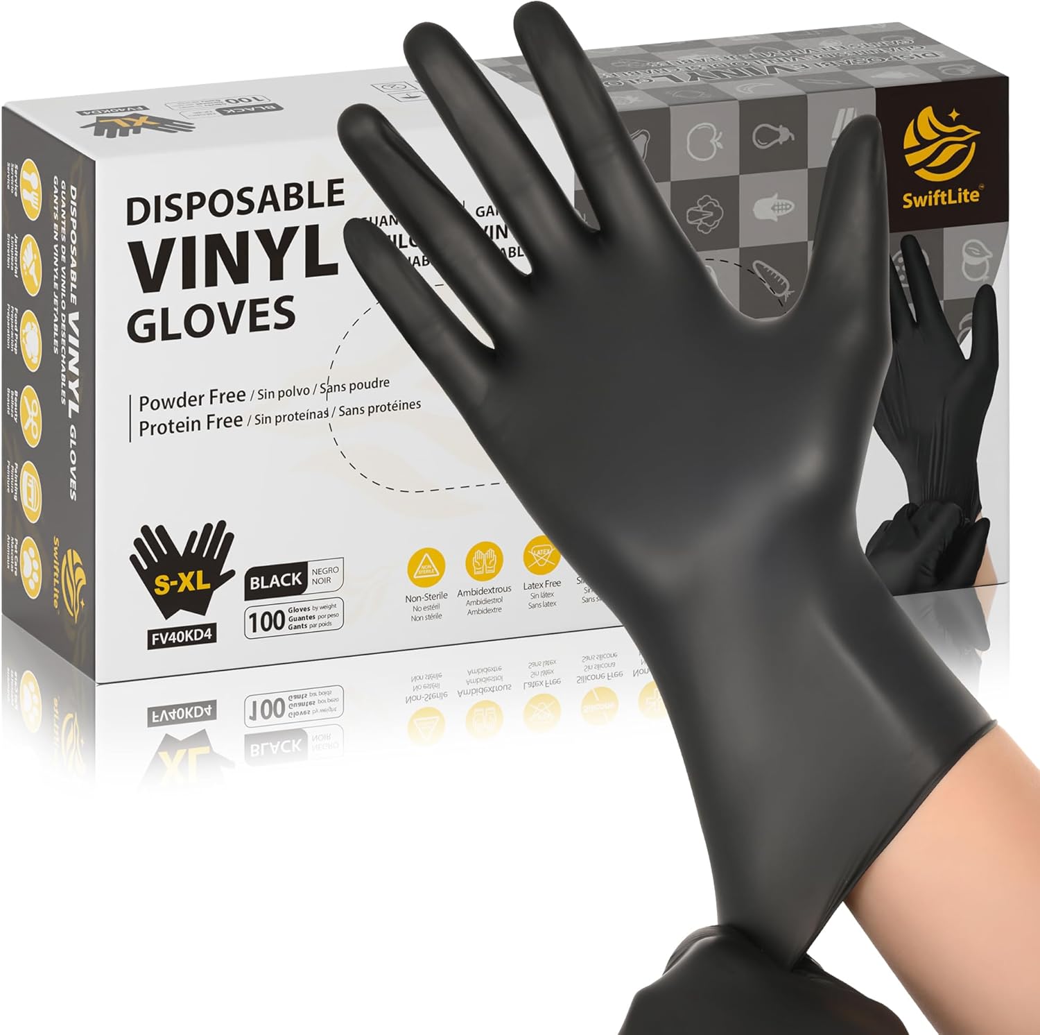 SWIFTLITE Black Vinyl Gloves - Disposable Food Grade, Latex-Free & Powder-Free | Ideal for Cleaning & Cooking