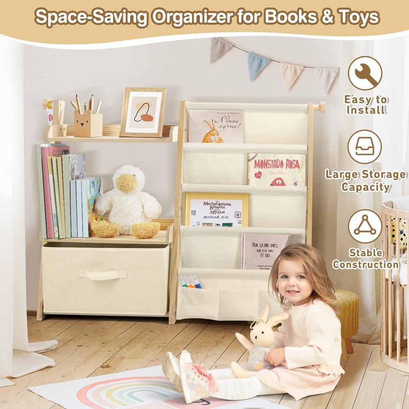 wooshwa Kids Bookshelf and Toy Organizer 2 in 1,Book Shelf for Kids Rooms with Movable Toy Bin,4 Tier Toddler Sling Book Rack for Nursery Bedroom Playroom (Jungle Animals)