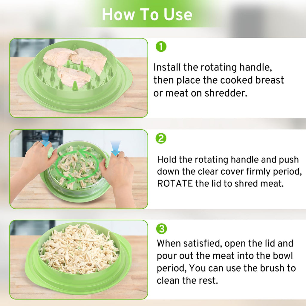 Upgrade Chicken Shredder, 10''Chicken Shredder Tool Twist with Transparent Lid, Ergonomic Handle and Anti-Slip Base, Dishwasher Safe, Cleaning Brush, Heat Resistant (Green)