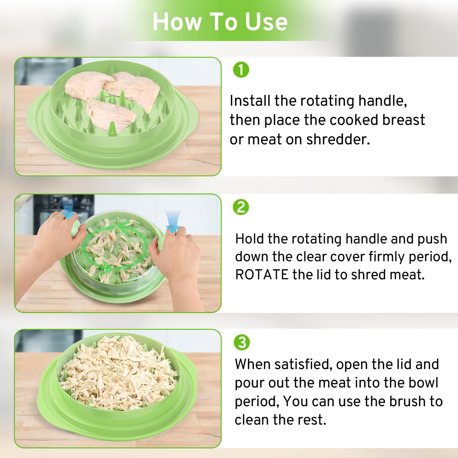 Upgrade Chicken Shredder, 10''Chicken Shredder Tool Twist with Transparent Lid, Ergonomic Handle and Anti-Slip Base, Dishwasher Safe, Cleaning Brush, Heat Resistant (Green)