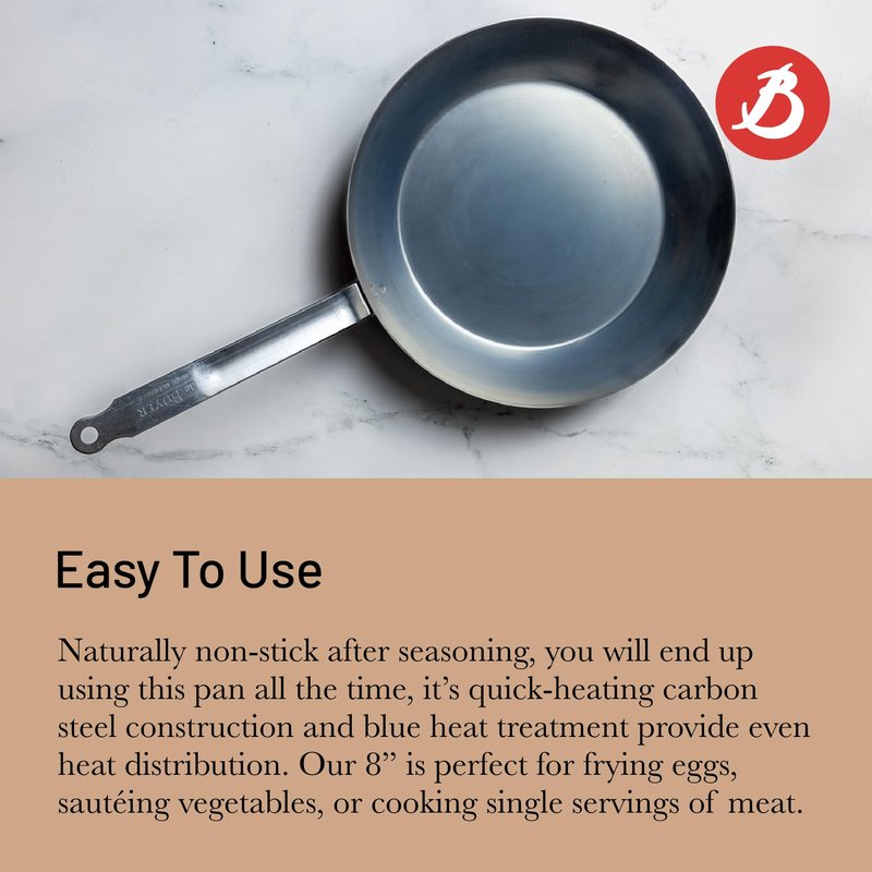 de Buyer - Blue Carbon Steel Fry Pan 2mm Thick - 8” Diameter, 5.5” Cooking Surface - Oven Safe - Naturally Non-Stick Finish - Made in France